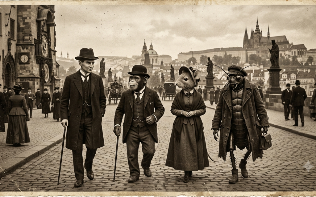 Kafka & Friends on the Charles Bridge, Prague. (Chat GPT, 25-6-2026)