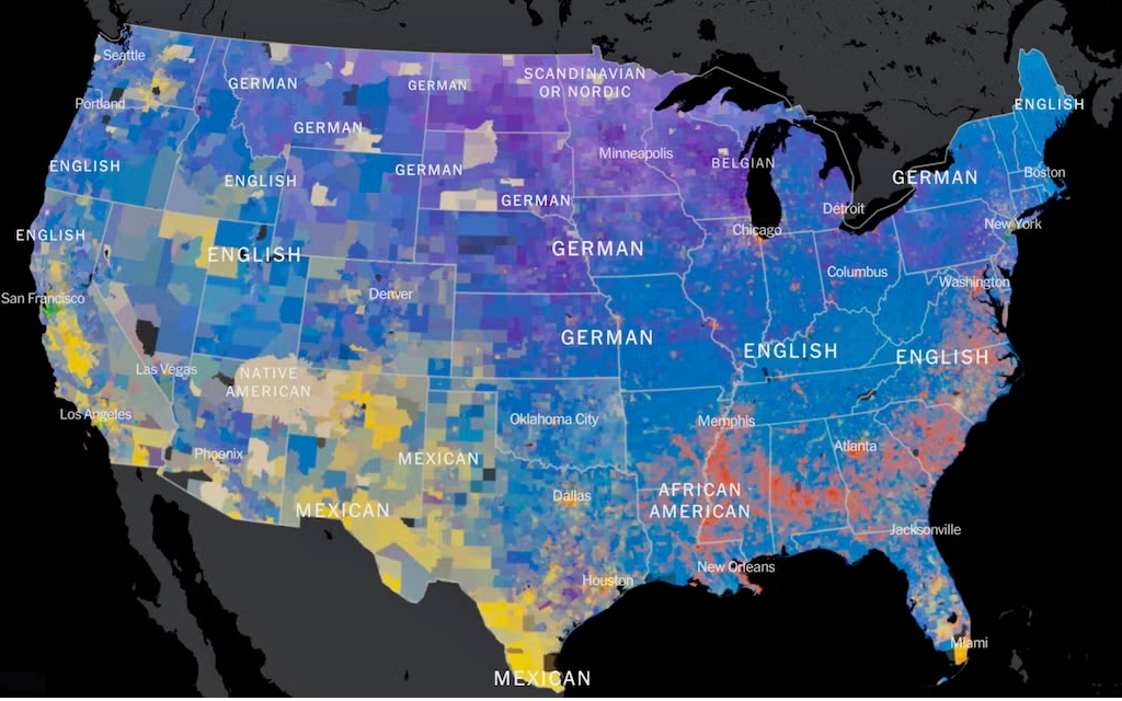 A mapping project in the New York Times shows how Americans describe their ancestry or family origin. (New York Times, Mapbox, via JTA)