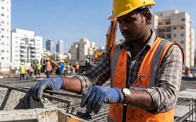 Conceptual illustration: An Indian construction worker on an Israeli building site symbolizes the new blue-collar labor bridge and the profound shift toward working-class economic integration between New Delhi and Jerusalem. Image: AI-generated (free for commercial use).