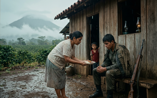 A Salvadoran mother offers a meal to a young soldier during the country's civil war. AI-generated illustration based on the author's recollection.