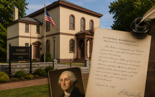 Touro Synagogue in Newport, Rhode Island, America's oldest synagogue. Photo by Kenneth C. Zirkel, via Wikimedia Commons (CC BY-SA 4.0). President George Washington's 1790 letter to the Hebrew Congregation of Newport. Image courtesy of the U.S. National Archives (public domain).
