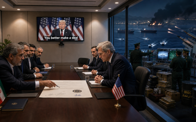 US and Iranian negotiators focus on signing a deal under Trump’s “you better make a deal” warning, while Revolutionary Guard commanders outside, insulated and armed over the Strait of Hormuz, quietly retain the real power. Illustrative AI image created by the author. US and Iranian negotiators focus on signing a deal under Trump’s “you better make a deal” warning, while Revolutionary Guard commanders outside, insulated and armed over the Strait of Hormuz, quietly retain the real power. Illustrative AI image created by the author.