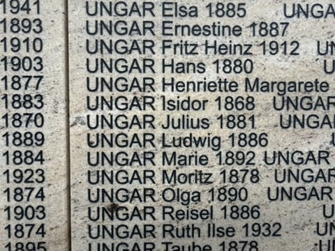 UNGAR Julius 1881, among the Ungar names on the Wall of Names. (Julian Ungar-Sargon, July 2026)