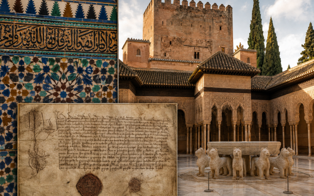 Alhambra tile-work, the Court of the Lions, and a visual facsimile of the 1492 Edict of Expulsion. (ChatGPT-generated collage)