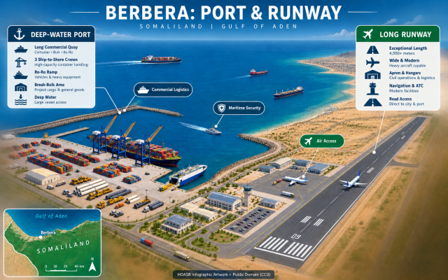Berbera’s Dual Strategic Asset: Somaliland’s deep-water port and long runway sit on the Gulf of Aden, offering commercial logistics, maritime-security and air-access potential near the Bab el-Mandeb corridor. HOASR Infographic Artwork • Public Domain (CC0)