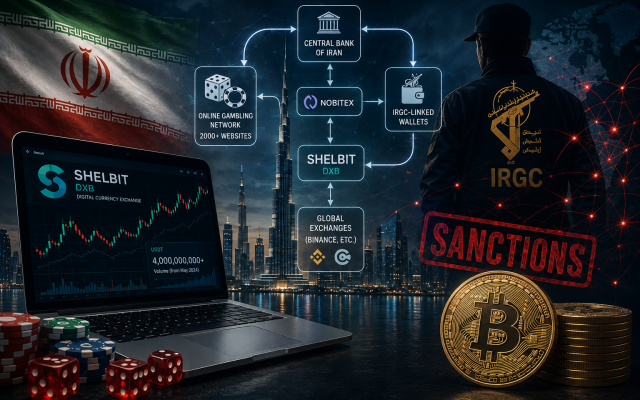 An AI-generated illustration of the financial networks connecting Iran’s cryptocurrency ecosystem, online gambling operations, sanctions evasion and IRGC-linked entities.