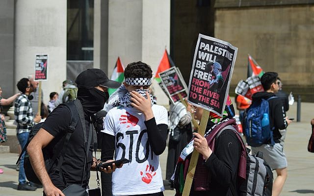 At PSC rallies, they hide their faces because they know they are in the wrong? Photo by Ed Moss, March 2025, pro-Palestinian rally in Manchester, UK
