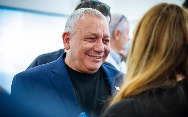 Gadi Eisenkot, chair of the Yashar party, attends a conference in the northern Israeli city of Haifa, July 9, 2026. (Sharon Leibel/Flash90)