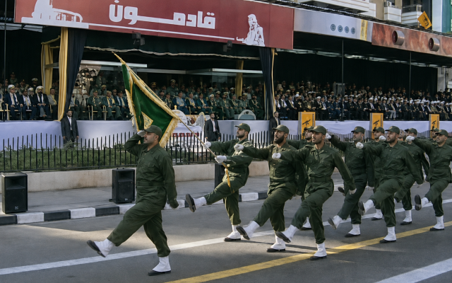 Hezbollah members march during a parade in southern Beirut, Lebanon, in the late 2000s. Attribution: Photo: Voice of America / Wikimedia Commons, Public Domain.