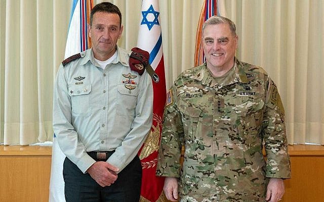 This handout photo from March 3, 2023, shows IDF Chief of Staff Herzi Halevi, left, meeting with visiting Gen. Mark Milley, the chairman of the US Joint Chiefs of Staff. (Israel Defense Forces)