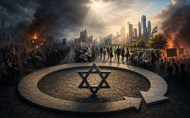 A symbolic illustration of the recurring cycle of antisemitism, moving from historical persecution and the Holocaust through remembrance, integration and Jewish renewal, before returning to social unrest and hostility. A Star of David stands at the center of a circular stone path, representing the repetition of these patterns across generations. (OpenAI © This image is free for commercial or non-commercial use.)