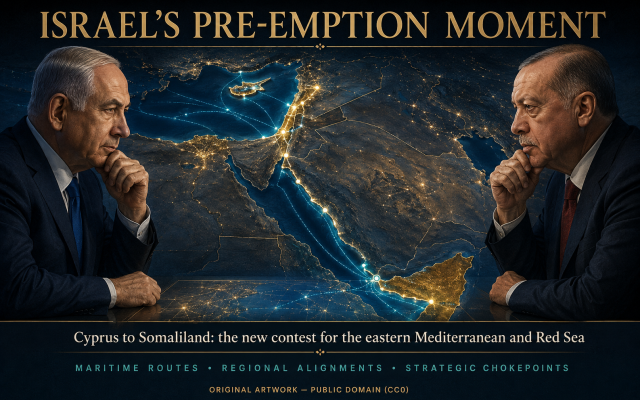 Benjamin Netanyahu and Recep Tayyip Erdoğan contemplate the strategic corridor from Cyprus to Somaliland, where maritime routes, regional alignments and control of key chokepoints are reshaping the eastern Mediterranean and Red Sea. Credit: HOASR Original Infographic art work Public Domain
