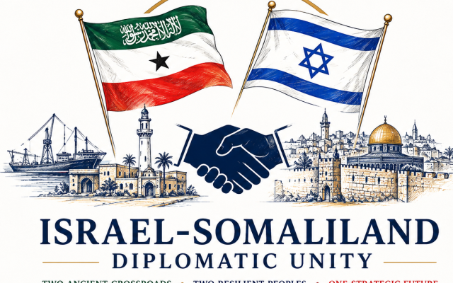 Graphics design illustration of Israel-Somaliland flags showing the two resilient peoples shaking hands  symbolizing one strategy in their diplomatic relations and unity. Poster design & credit: author