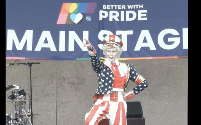 Drag performer Judith Iscariot appearing as "Schutzstaffel Sam" at Cincinnati Pride (Screen capture of video provided by author)