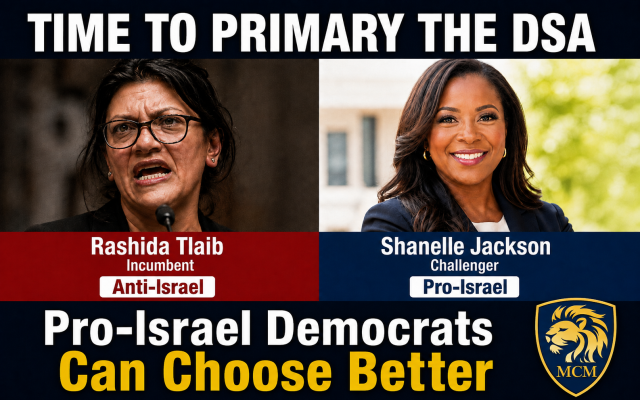 This primary season, we’ve watched DSA-backed candidates challenge established Democratic representatives who have served their communities with integrity. Now we have a chance to primary the DSA.

I’m endorsing Shanelle Jackson for Congress.

If you live in Michigan’s 12th Congressional District, vote for Shanelle Jackson.

If you live nearby, volunteer with the campaign and help canvass.

If you live elsewhere, join the phone bank, contribute, and help spread the word.

Rashida Tlaib has a serious pro-Israel Democratic challenger, and the election is Tuesday.

This is our chance. Act now.