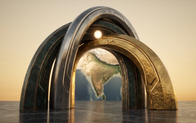 Conceptual illustration: Three interlocking metallic arches looming over the Indian subcontinent symbolize the new trilateral defense compact between Pakistan, Türkiye, and Saudi Arabia, reflecting the emergence of a strategic 'third front' and the shifting geopolitical realities on New Delhi's western flank. Image: AI-generated (free for commercial use).