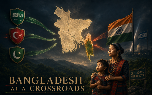 The BNP government faces a difficult choice over the Makkah Defence Pact, balancing domestic political pressure, India’s security concerns, Israel’s interest, and the long-standing militarization of the Chittagong Hill Tracts. Created by the author for editorial purposes.