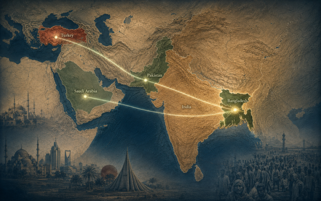 A strategic map showing Bangladesh’s position beside India and its possible defence links with Pakistan, Saudi Arabia and Turkey under the Makkah Pact. Created by the author for editorial purposes.