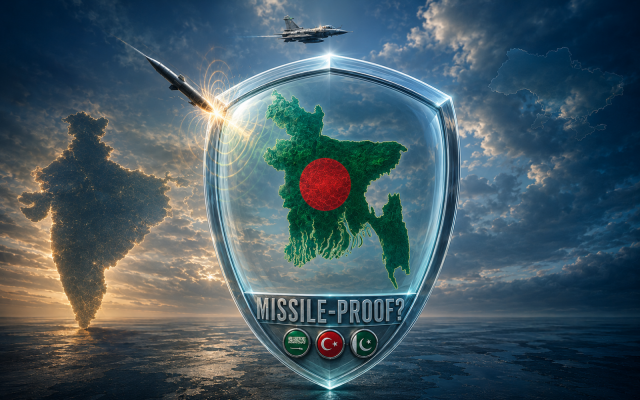 Bangladesh is depicted inside a transparent shield associated with Saudi Arabia, Turkey and Pakistan, raising the central question: would the Makkah Pact provide real protection or only a political promise? (AI-assisted illustration created by the author for editorial purposes.)