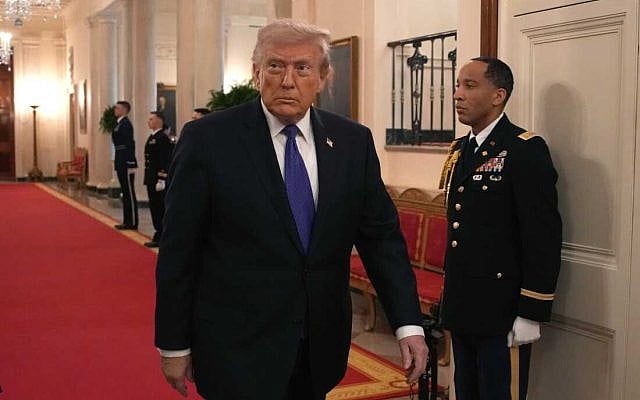 WASHINGTON, DC - MARCH 02:  U.S. President Donald Trump arrives for a Medal of Honor Ceremony in the East Room of the White House on March 02, 2026 in Washington, DC. Trump awarded three soldiers the highest military decoration; Master Sgt. Roddie Edmonds, who died in 1985, for shielding Jewish prisoners from Nazi guards during World War II; then-Staff Sgt. Terry Richardson for saving 85 lives of fellow soldiers during the Vietnam War; and Staff Sgt. Michael Ollis who died in the Afghanistan War when he shielded another soldier from a suicide bomber. (Photo by Andrew Harnik/Getty Images)