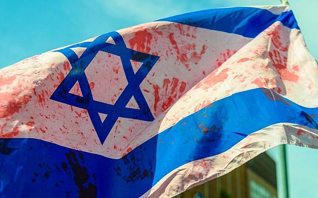 Red handprints representing blood at an anti-Israel protest (Stephen Barnes/Shutterstock.com)