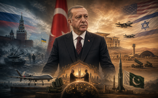 Turkey stands at the center of competing strategic pressures involving Israel, Russia, NATO, Ukraine and the new Makkah defence framework. Illustration created by the author for editorial purposes.