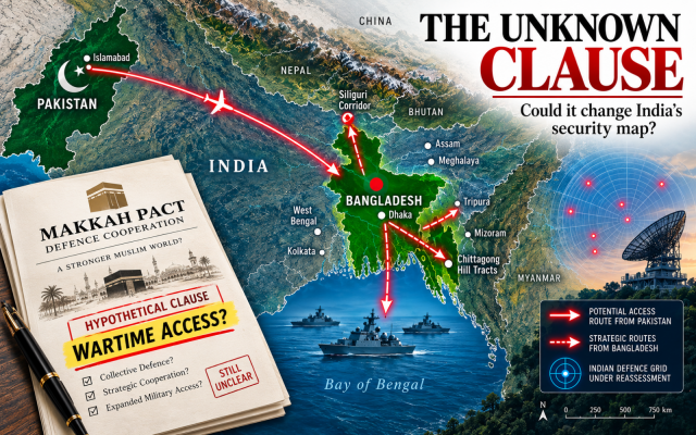 Illustration created by the author using AI: A conceptual map showing how a hypothetical Makkah Pact clause could affect India’s security map if Bangladesh joins the pact. The image is illustrative and not a claim about the confirmed terms of the agreement.