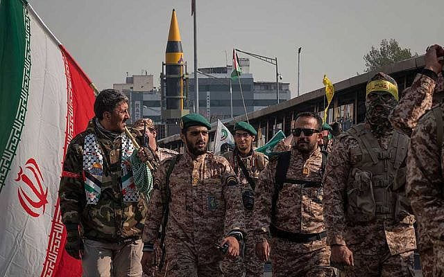 IRGC military personnel at a military rally in Tehran, Iran, on November 24, 2023. (Photo by Morteza Nikoubazl/NurPhoto via AP)
