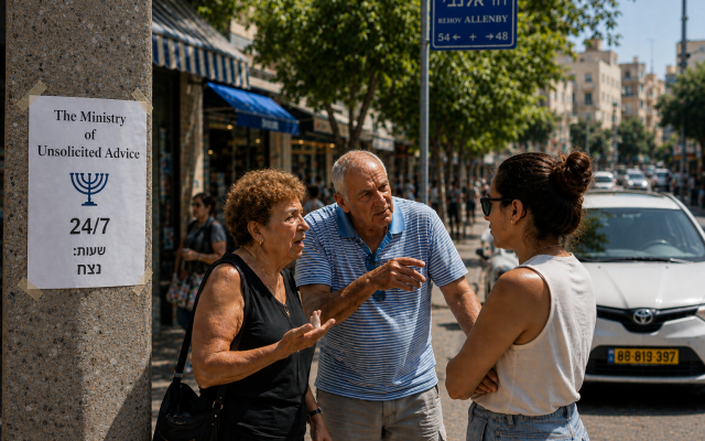 Three people having a conversation on the street in Israel (ChatGPT, 14-7-2026)