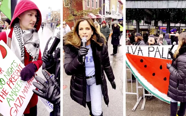 Noa Tishby speaks with anti-Israel protesters at the Sundance Film Festival in Utah on January 21, 2024. (Screenshots, used in accordance with Clause 27a of the Copyright Law).