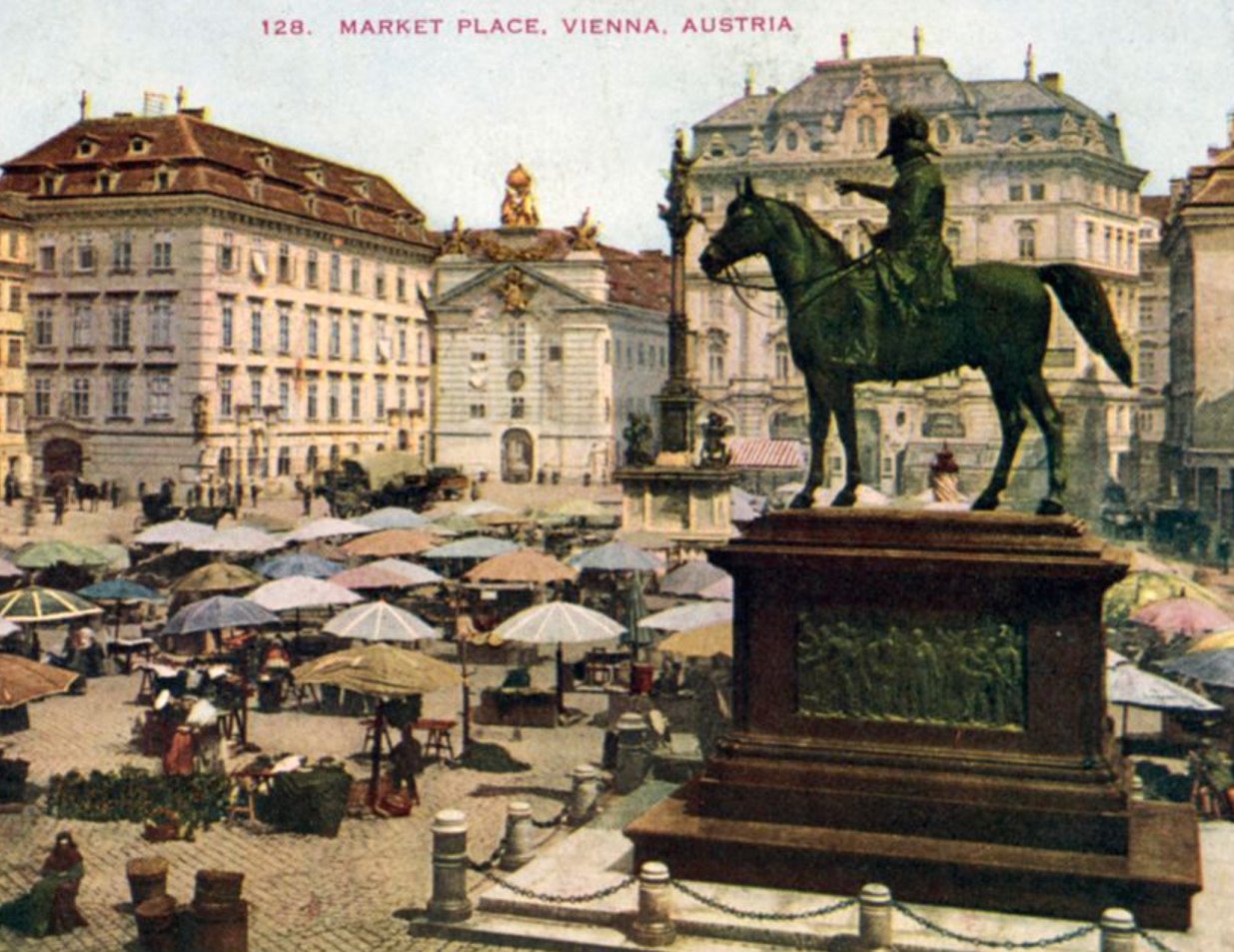 A market square in Vienna, from a postcard published around 1901