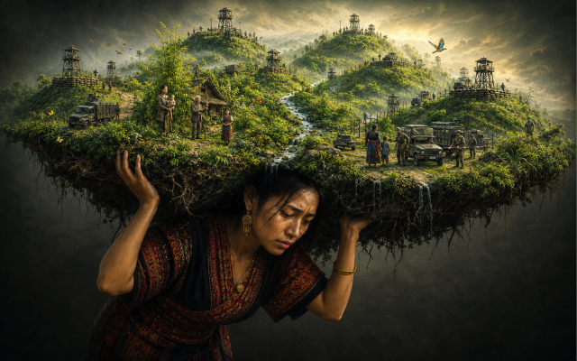 A Chakma woman carries the beauty and burden of the Chittagong Hill Tracts—an Indigenous homeland transformed by decades of militarization, displacement and unfulfilled peace. (AI-generated illustration created by the author for editorial use.)