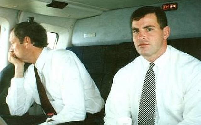 Governor Pataki and John C. Wolfe choppering back to Albany to request funds from the State Legislature. You can see the speech rolled up in Wolfe’s hands. (Photo by Lester Millmen)