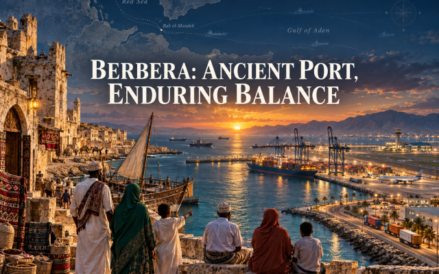 Berbera’s ancient commercial heritage meets its modern port, long runway airfield and strategic role on the Gulf of Aden. Original poster: HOASR Infographics.