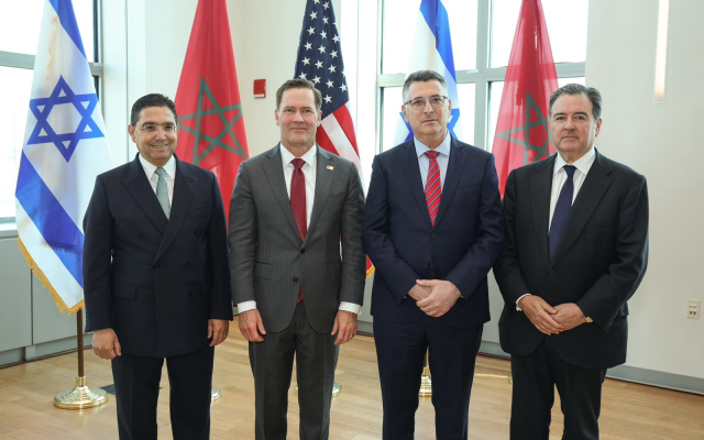 Israeli Foreign Minister Gideon Sa’ar, US Ambassador to the UN Mike Waltz, US Ambassador to Morocco Richard Duke Buchan III, and Moroccan Foreign Minister Nasser Bourita meet to discuss the upgrade of diplomatic relations between Morocco and Israel on September 16, 2026. (Photo credit: Israeli Foreign Ministry)