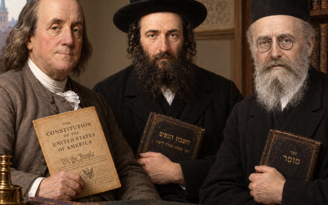 An AI-generated portrait imagining the three figures of this story together, Benjamin Franklin holding the Constitution, Menachem Mendel Lefin his Cheshbon Hanefesh, and Israel Salanter a volume of mussar. In life they never shared a room; the discipline of moral accounting is the thread that binds them.