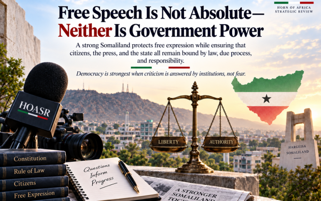 An editorial illustration depicting Somaliland’s debate over freedom of speech and government authority, featuring press imagery, the Constitution, rule of law and balanced scales representing liberty and state power. Credit: HOASR Original Infographic Art