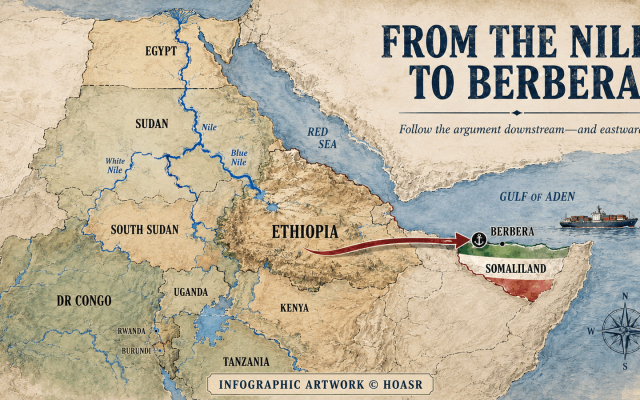 The Nile and Red Sea disputes are legally distinct but strategically connected. Ethiopia stands at the centre of both—as an upstream Nile power and a landlocked country seeking diversified maritime access through Somaliland’s Berbera corridor.
 Image Credit:
Infographic artwork © HOASR