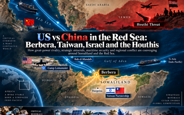 HOASR geopolitical illustration examining the widening US-China competition across Africa and the Red Sea, including China’s military presence in Djibouti, Camp Lemonnier, Somaliland’s partnership with Taiwan, Israel’s recognition of Somaliland, the Houthi threat around Bab el-Mandeb, Berbera’s strategic position and the global competition over critical minerals, trade routes and clean-energy supply chains.