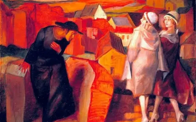 A Meeting. Jewish Youth and Two Women in the Town Alley: Painting by Bruno Schulz