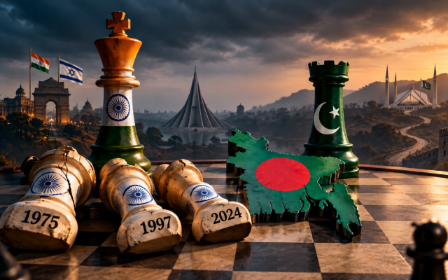 India-Bangladesh relations through three strategic setbacks in 1975, 1997 and 2024, with the unfinished Chittagong Hill Tracts Accord, growing Bangladesh-Pakistan relations and wider implications for Israel symbolized on a geopolitical chessboard. Created by author using AI.