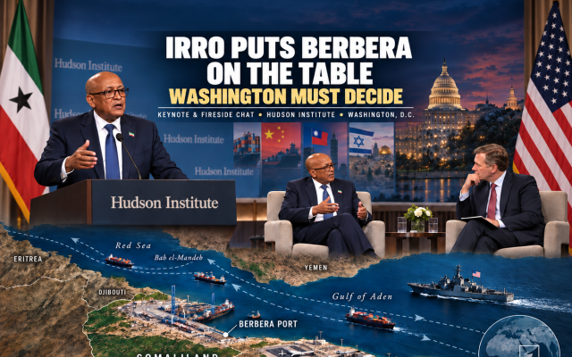 A HOASR geopolitical infographic illustrating President Abdirahman Mohamed Abdullahi Irro delivering his Hudson Institute keynote and participating in a fireside discussion in Washington. The artwork connects Berbera Port and airfield with Bab el-Mandeb, Gulf of Aden shipping lanes, maritime security and potential U.S.–Somaliland cooperation.