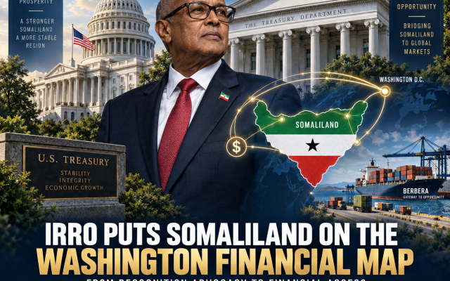 An original HOASR geopolitical infographic illustrating President Abdirahman Irro’s Washington visit and the Somaliland Economic Access and Opportunity Act. The artwork connects Somaliland, Berbera, the US Treasury and Capitol through financial and commercial networks.