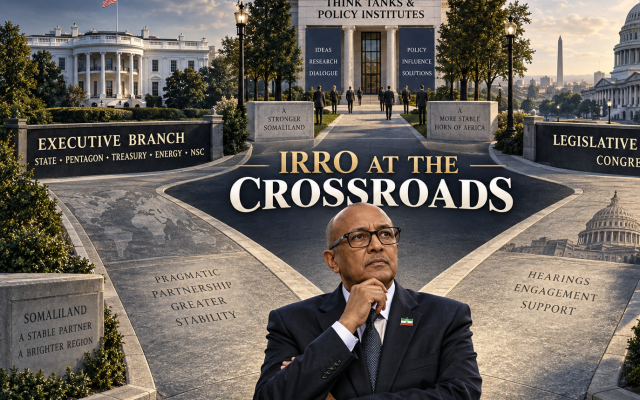 An original HOASR Infographics illustration showing Somaliland President Abdirahman Mohamed Abdullahi Irro at the centre of three Washington pathways: the Executive Branch, the Legislative Branch and Congress, and think tanks and policy institutes.