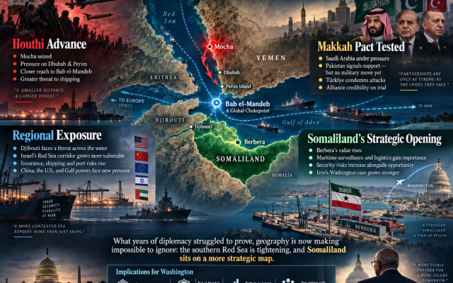 HOASR infographic showing the Houthi capture of Mocha, the advance toward Bab el-Mandeb, pressure on the Makkah Pact, and Somaliland’s rising strategic importance around Berbera.