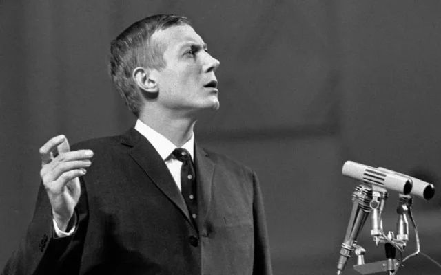 In this December 28, 1962 file photo, anti-Stalinist poet Yevgeny Yevtushenko speaks during a reading of his poetry in Moscow's Tschaikovsky Concert Hall in Moscow. (AP Photo)
