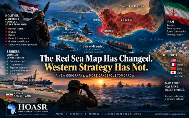 The Houthi breakthrough around Bab el-Mandeb is altering the strategic geography connecting Yemen, Djibouti and Berbera. Original HOASR infographic.