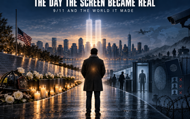 This original HOASR editorial illustration remembers the victims and first responders of the September 11 terrorist attacks. The illuminated Twin Towers, memorial candles, white roses and a firefighter’s helmet represent loss, courage and remembrance. Airport screening, surveillance, watchlists, military operations and barbed wire illustrate the security architecture, wars and social suspicion that followed 9/11.
