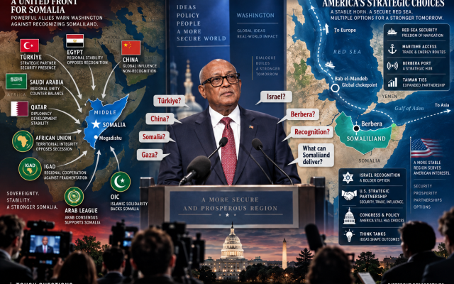 HOASR geopolitical infographic illustrating the competing pressures around President Irro’s Hudson Institute appearance, including Somalia’s support from Türkiye, Egypt, China, Saudi Arabia, Qatar, the African Union, IGAD and the OIC, versus Somaliland’s case based on Berbera, Red Sea security, Taiwan, Israel, U.S. strategic access and congressional support. HOASR geopolitical infographic illustrating the competing pressures around President Irro’s Hudson Institute appearance, including Somalia’s support from Türkiye, Egypt, China, Saudi Arabia, Qatar, the African Union, IGAD and the OIC, versus Somaliland’s case based on Berbera, Red Sea security, Taiwan, Israel, U.S. strategic access and congressional support.