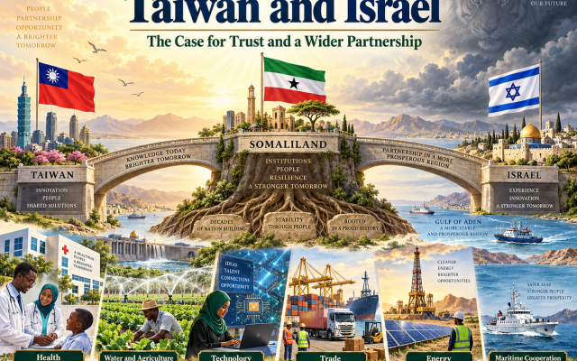 Original HOASR editorial artwork illustrating Somaliland’s resilience and its relationships with Taiwan and Israel. Bridges symbolize sustained cooperation, while scenes of healthcare, irrigation, technology, trade and energy show the potential for a partnership extending beyond maritime security.